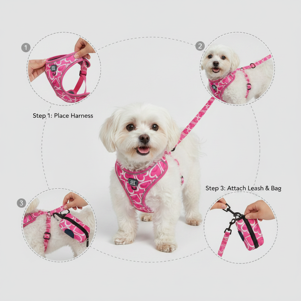 3-Piece Dog Harness, Leash & Waste Bag Set for Small to Medium Dogs